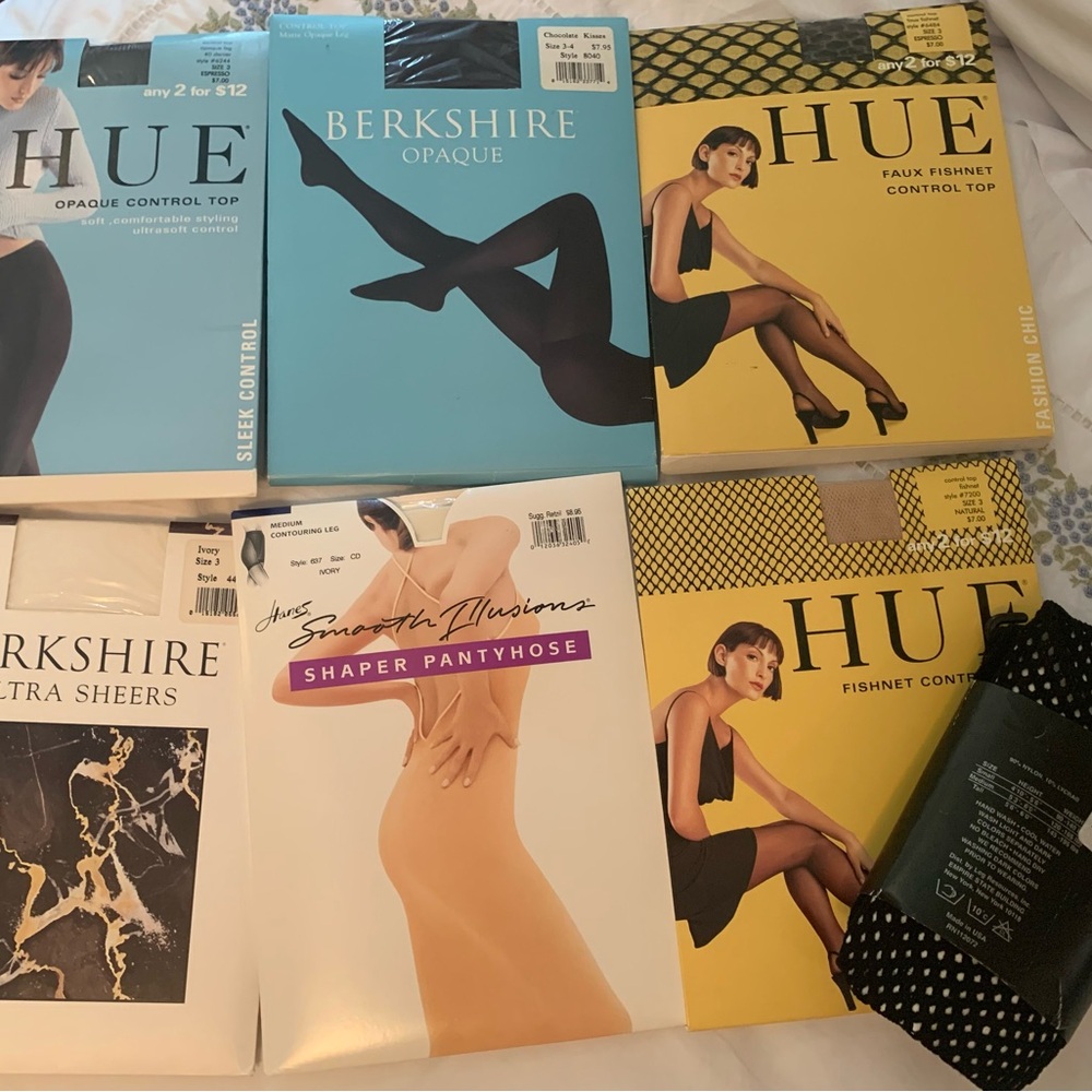 8 pairs of brand new assorted pantyhose. Opaque,sheer & Fishnet styles